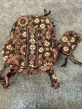 Vera Bradley Brown Floral Quilted Backpack with Matching Pouch